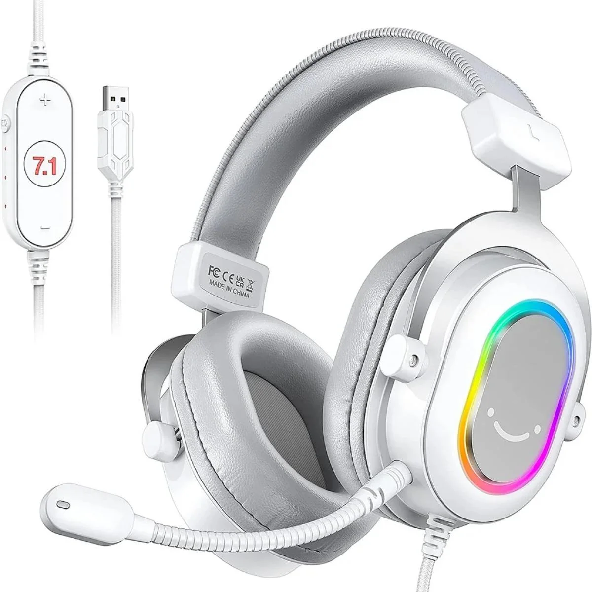 سماعة ألعاب FIFINE AmpliGame H6W USB بإضاءة RGB وصوت محيطي 7.1 - أبيض