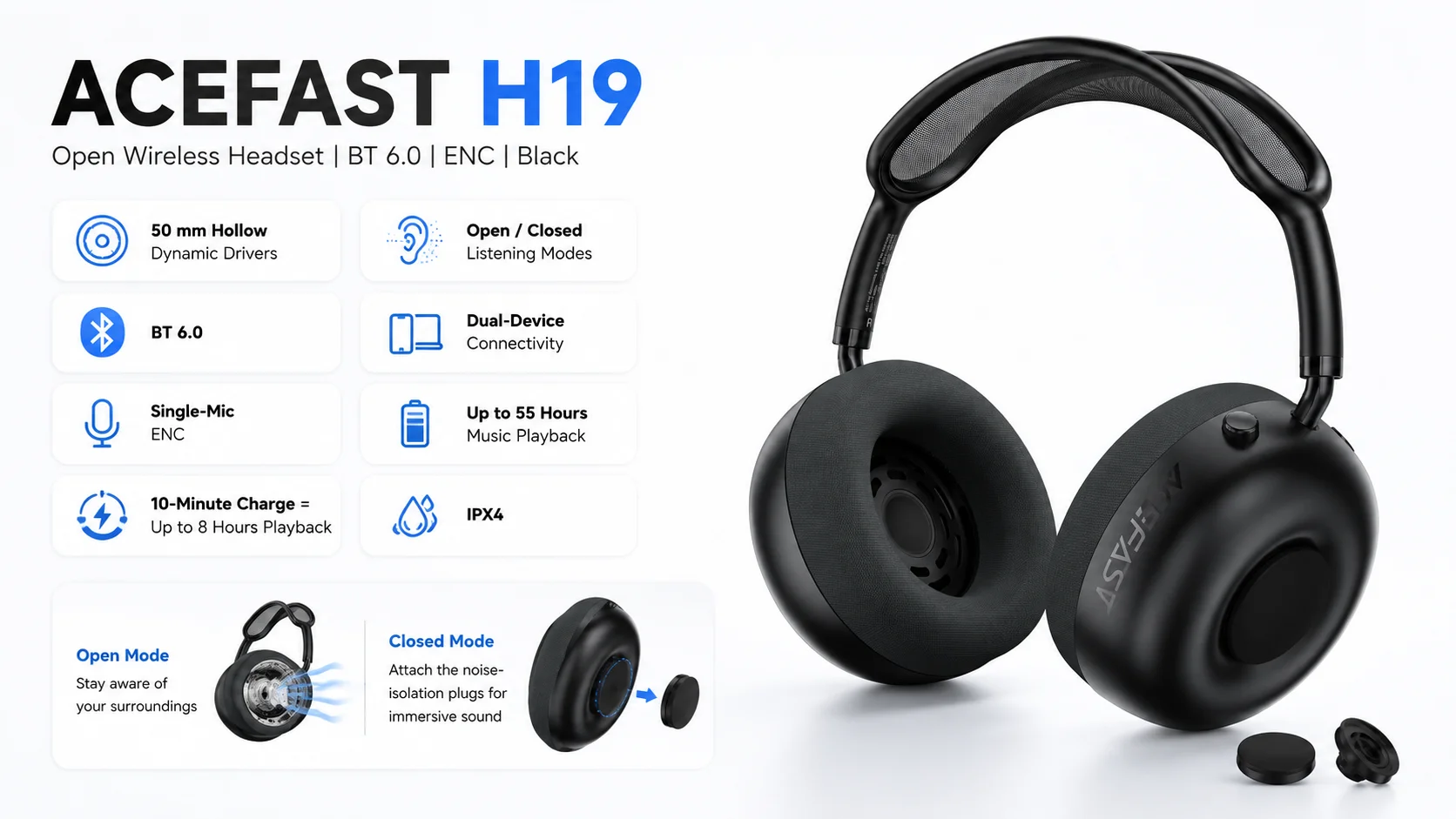 ACEFAST N10 Bone Conduction Wireless Earphones with 8GB Storage, Bluetooth 6.0 & IP68 - Black - Image 6