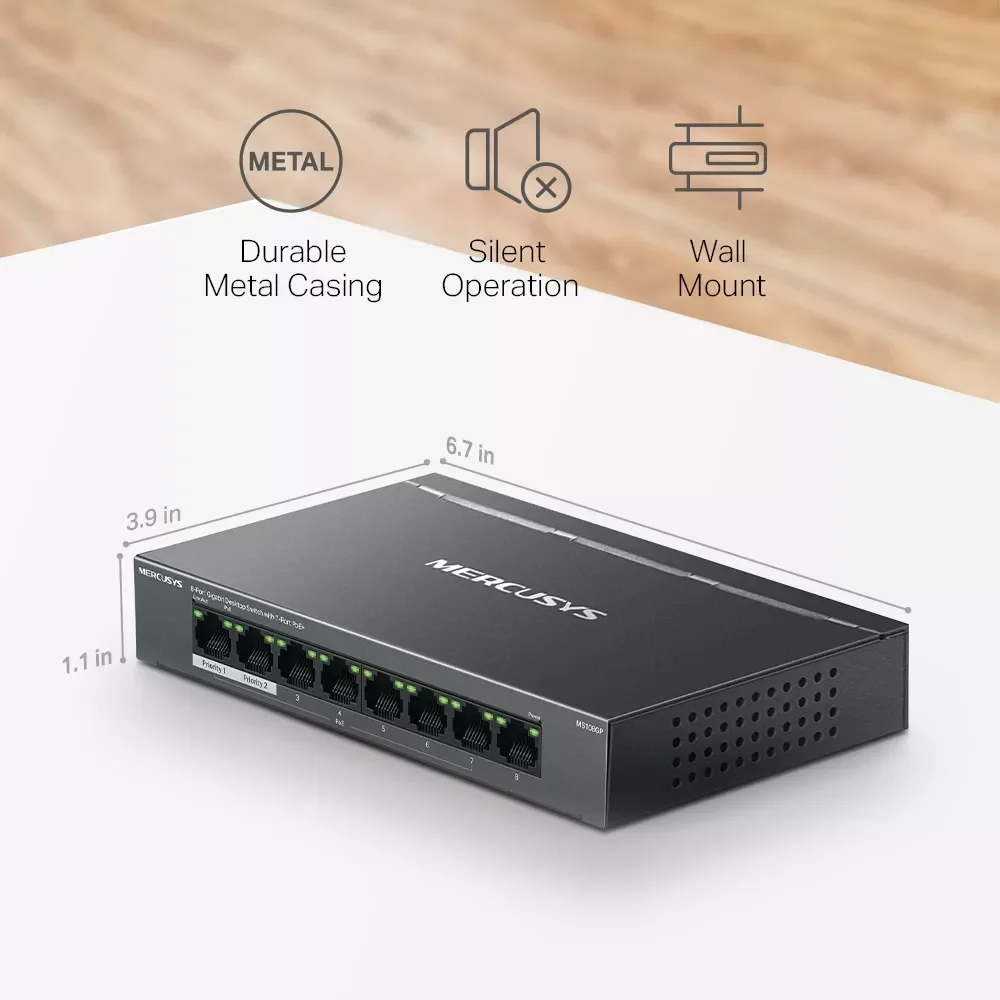 سويتش MERCUSYS MS108GP مكتبي جيجابت 8 منافذ مع 7 منافذ PoE+ - Thumbnail 9
