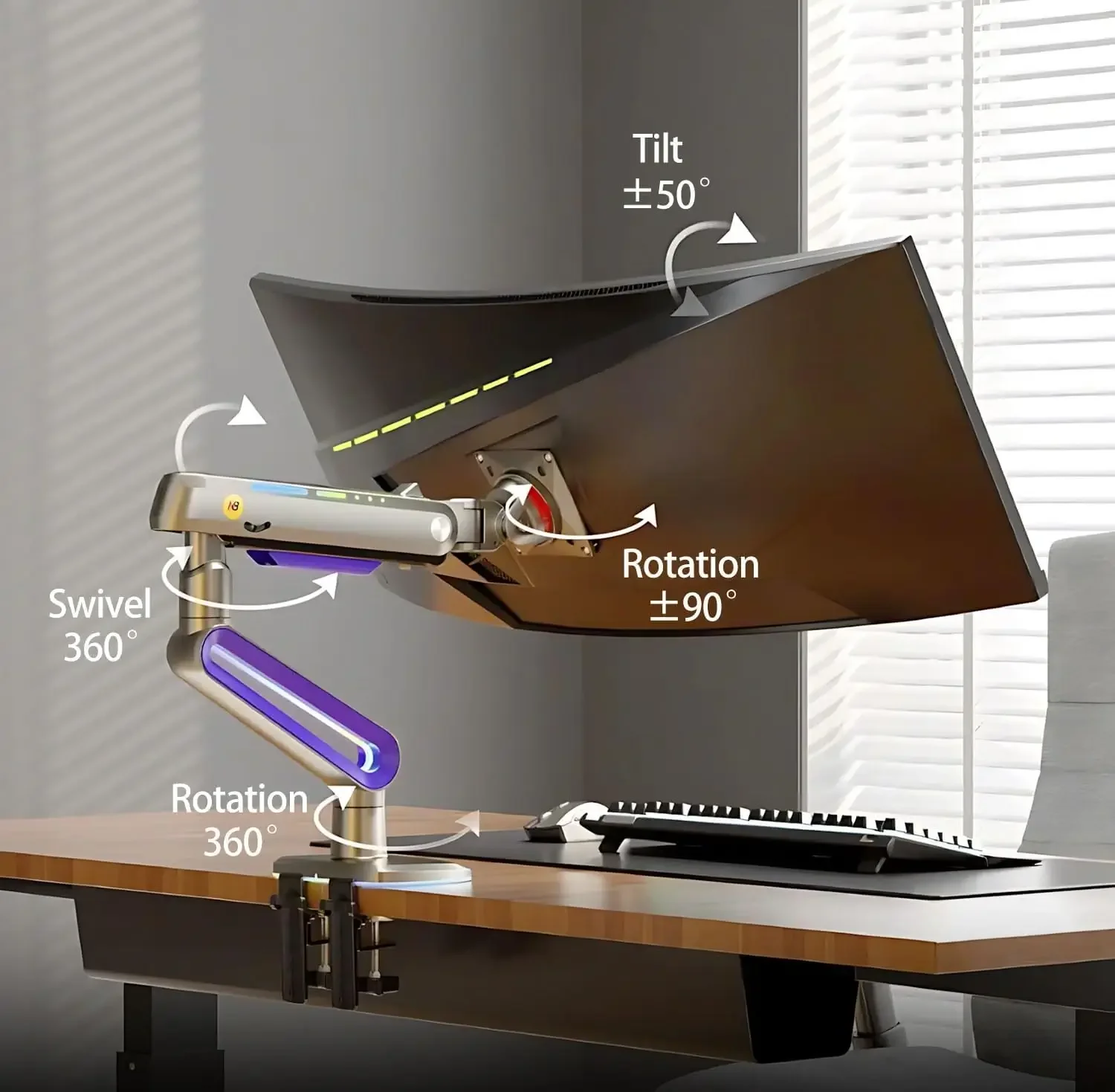 North Bayou G70 Gaming Monitor Arm Desk Mount for 22-inch to 60-inch Monitors with RGB - Thumbnail 2