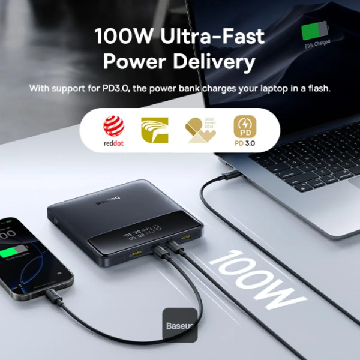 Baseus Blade H1 Lite 20000mAh 100W Fast Charging Power Bank with Type-C Cable, 4 Ports, Black - Thumbnail 5