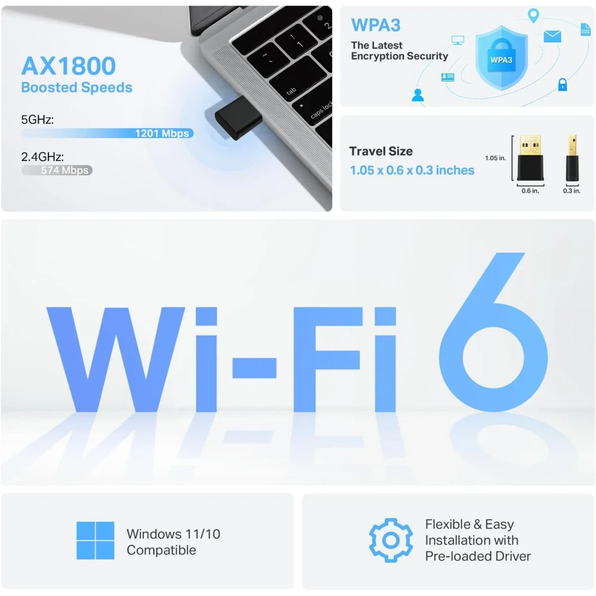 محول واي فاي TP-LINK AX1800 USB 6 مزدوج النطاق Archer TX20U Nano - Thumbnail 3