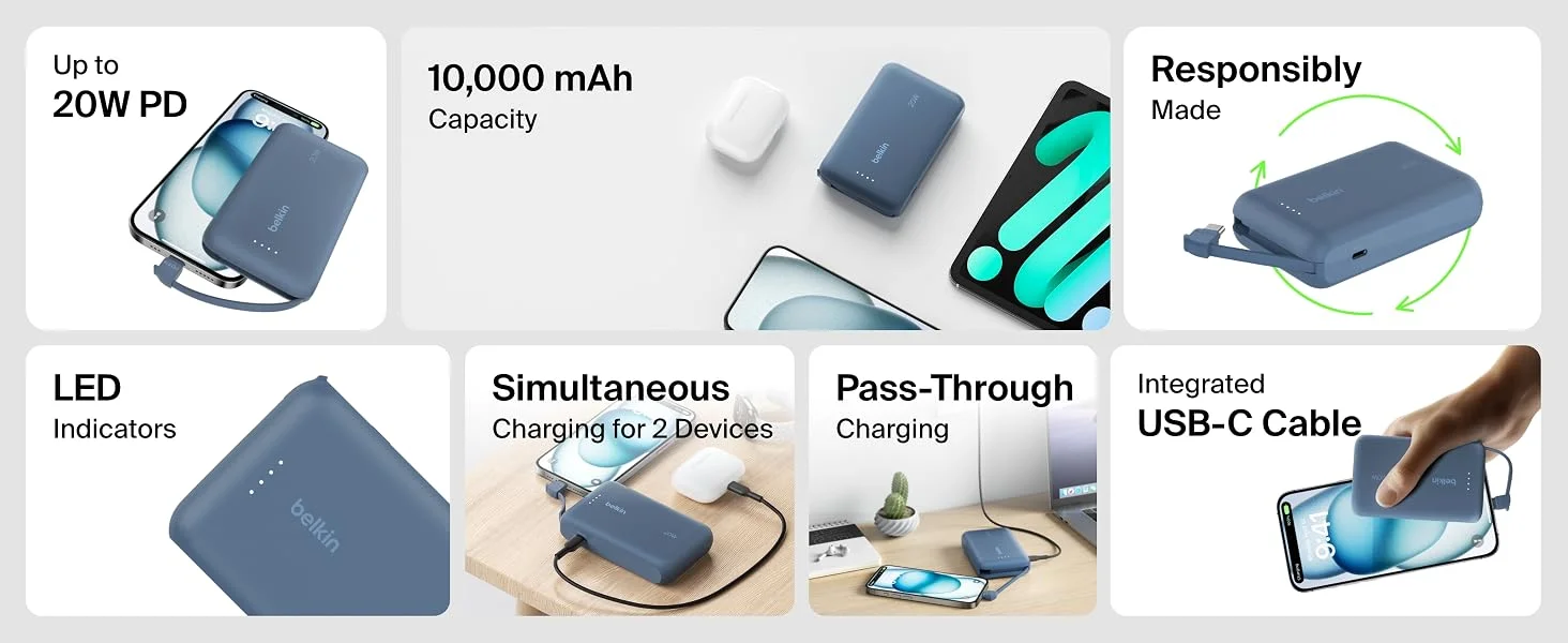 باور بانك Belkin BoostCharge بسعة 10000mAh مع كابل USB-C مدمج وشحن PD بقوة 20W - أزرق - Thumbnail 9