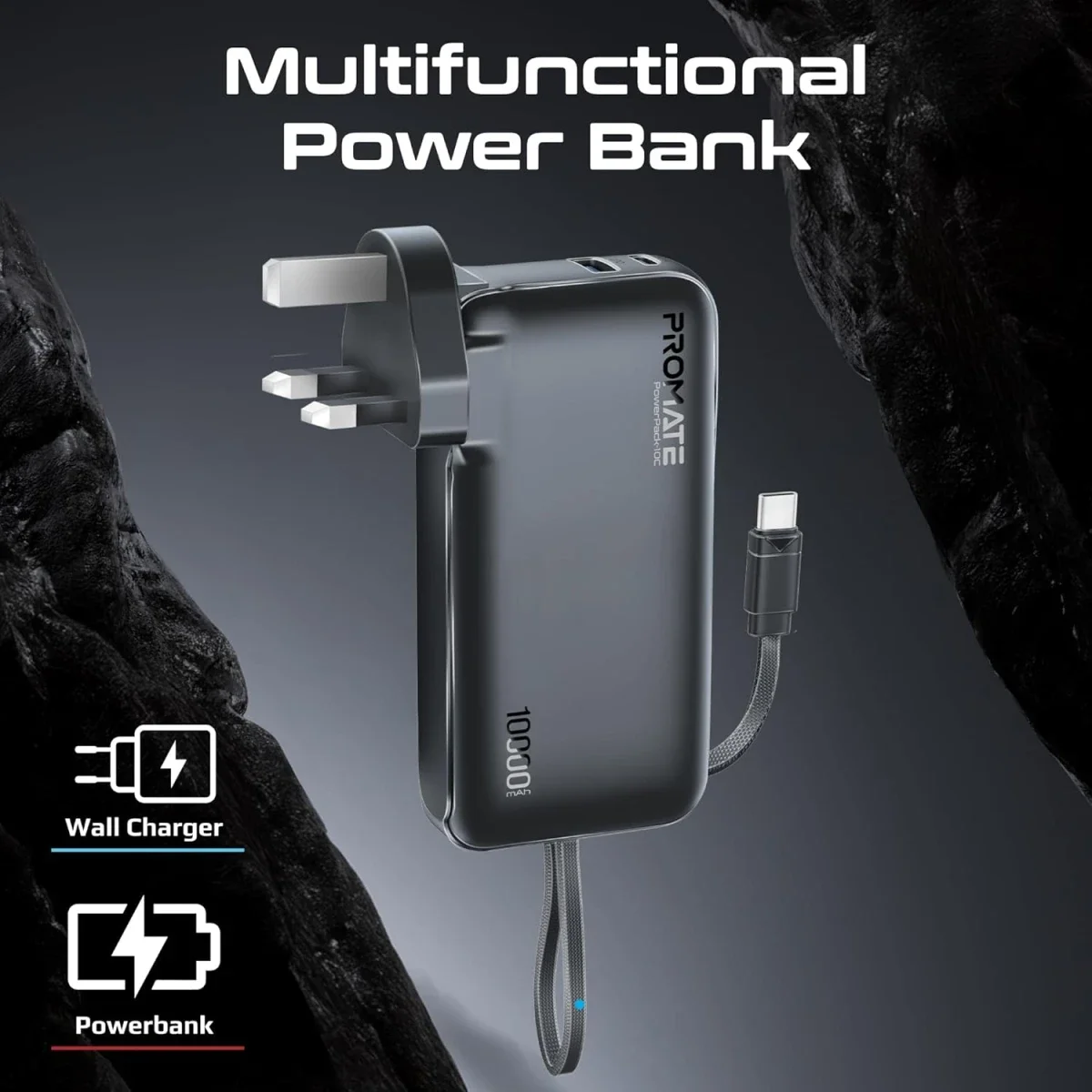 Promate PowerPack-10C 10000mAh Dual-Mode AC/DC Power Bank Charger, 20W USB-C, 22.5W USB-A, Black - Image 4
