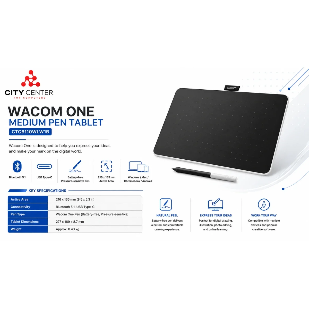 لوح رسم Wacom One Medium مع قلم EMR بدون بطارية وبلوتوث وUSB-C - Thumbnail 5