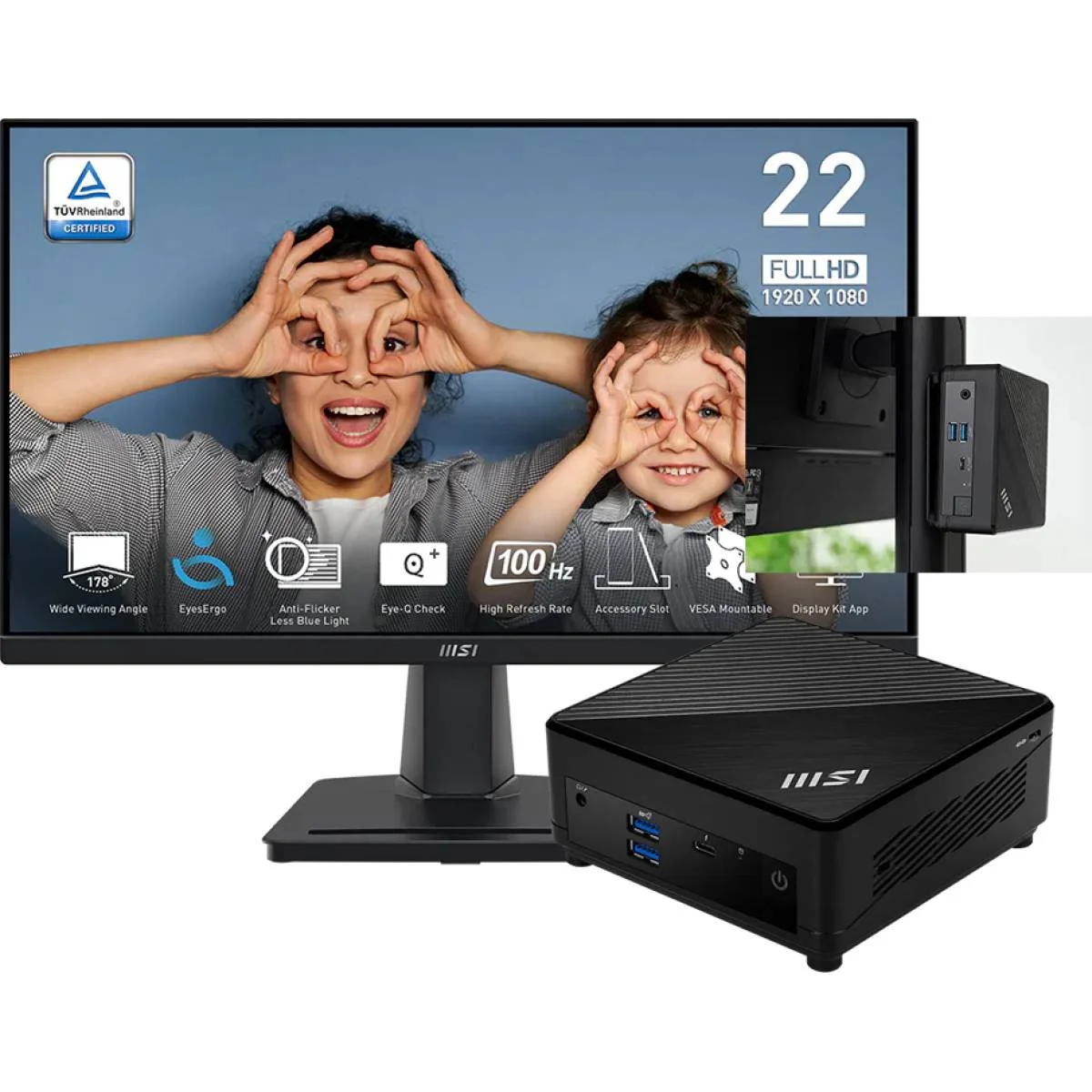 MSI Cubi 5 1M Mini PC Intel Core 3 100U, 8GB DDR5, 512GB SSD with PRO MP225V 22-Inch Monitor