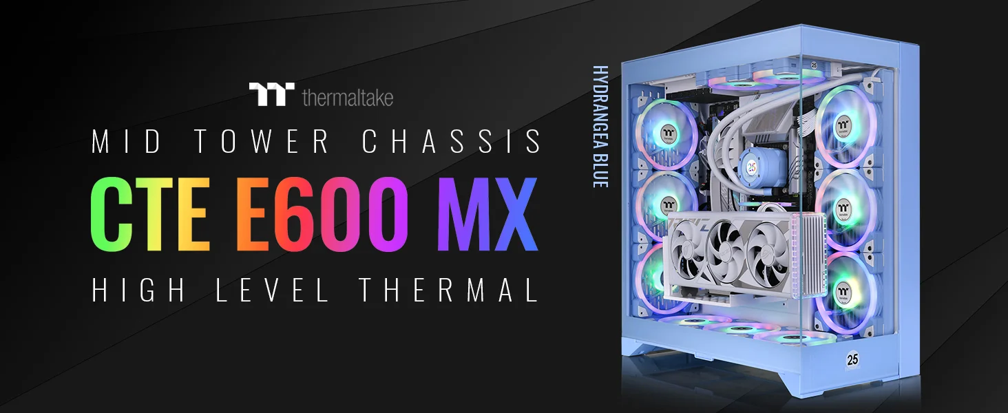 هيكل كمبيوتر Thermaltake CTE E600 MX E-ATX ميد تاور مع حامل بطاقة رسومية عائم ثلاثي الاتجاهات وكابل PCIe 4.0 بطول 400 مم - Hydrangea Blue - Thumbnail 7