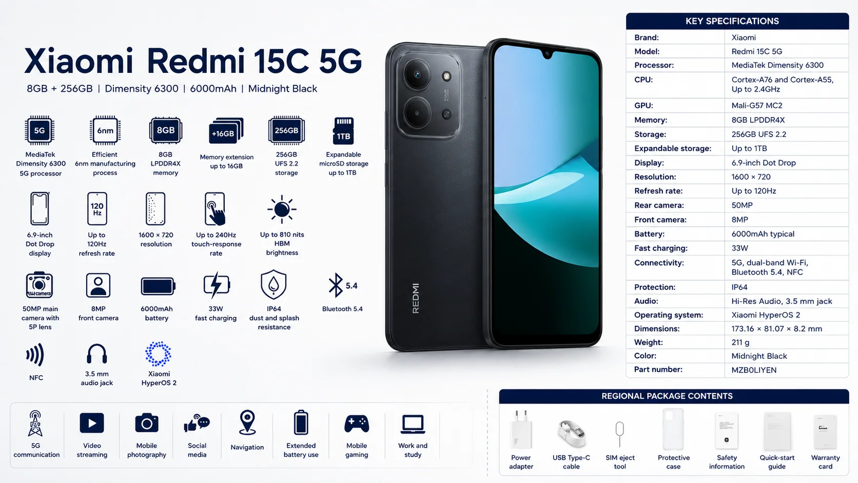 Xiaomi Redmi 15C 5G 8GB RAM 256GB Storage 6.9-inch 120Hz Smartphone - Midnight Black - Thumbnail 7