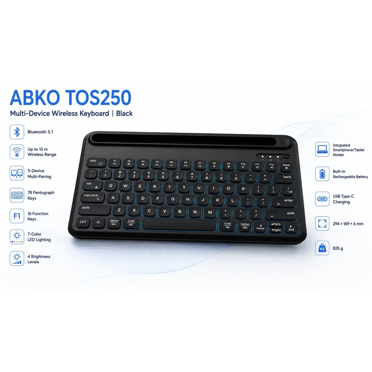 لوحة مفاتيح ABKONCORE TOS250 لاسلكية بلوتوث 5.1 بإضاءة RGB و78 مفتاح