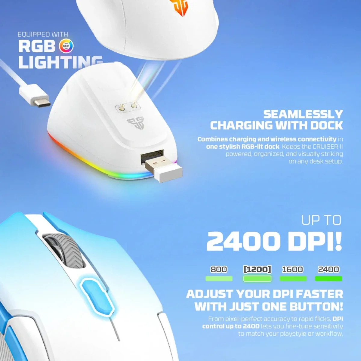 Fantech Cruiser II WG11V2RD Wireless Gaming Mouse 2400 DPI with Charging Dock - Blue - Image 5