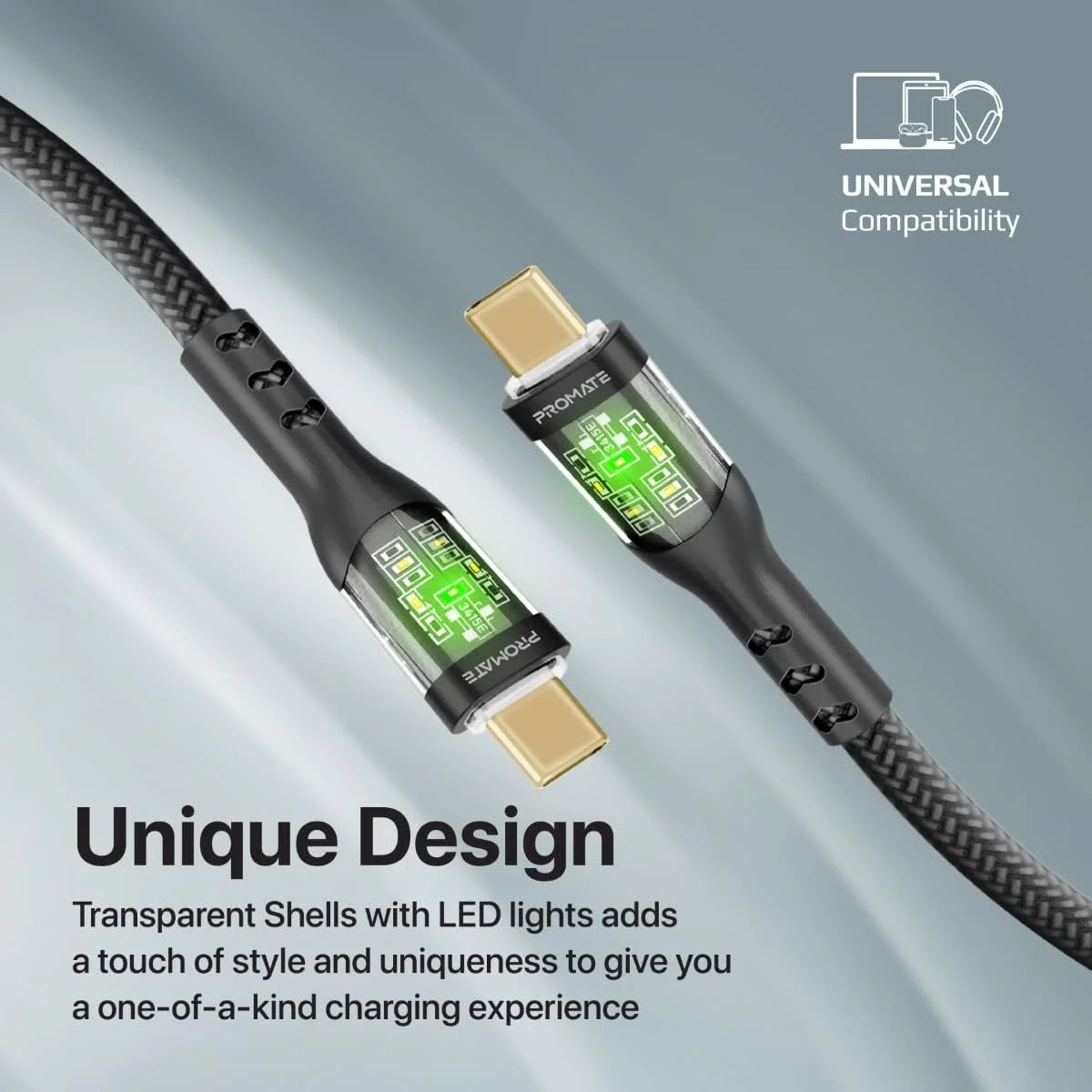 Promate TransLine-CC200 USB-C to USB-C 60W Nylon Braided Cable 2m Blue - Image 5
