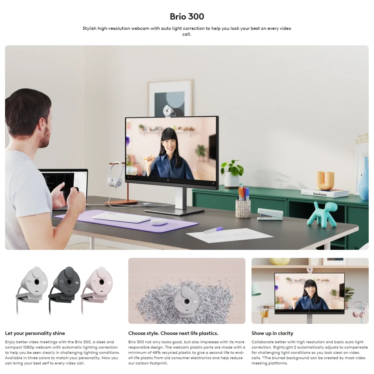 كاميرا ويب Logitech BRIO 300 بدقة Full HD 1080p وUSB-C - أسود - Image 3