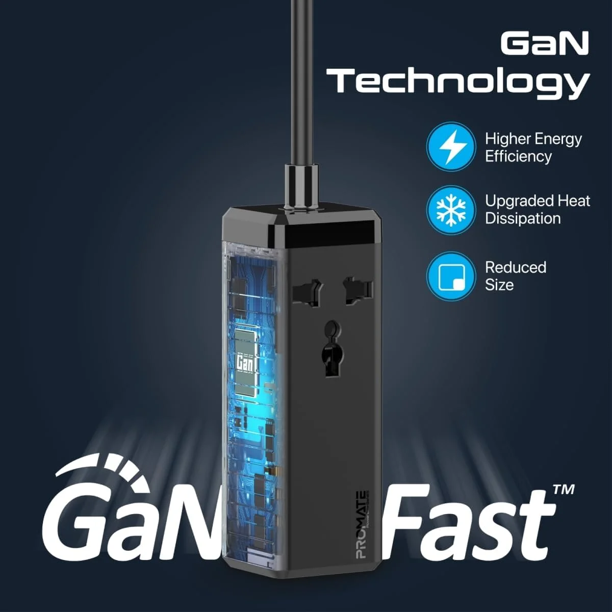 Promate PowerBrix-GaN65 65W GaNFast 5-in-1 Power Strip with 2500W AC Socket & 2m Cable - Thumbnail 3