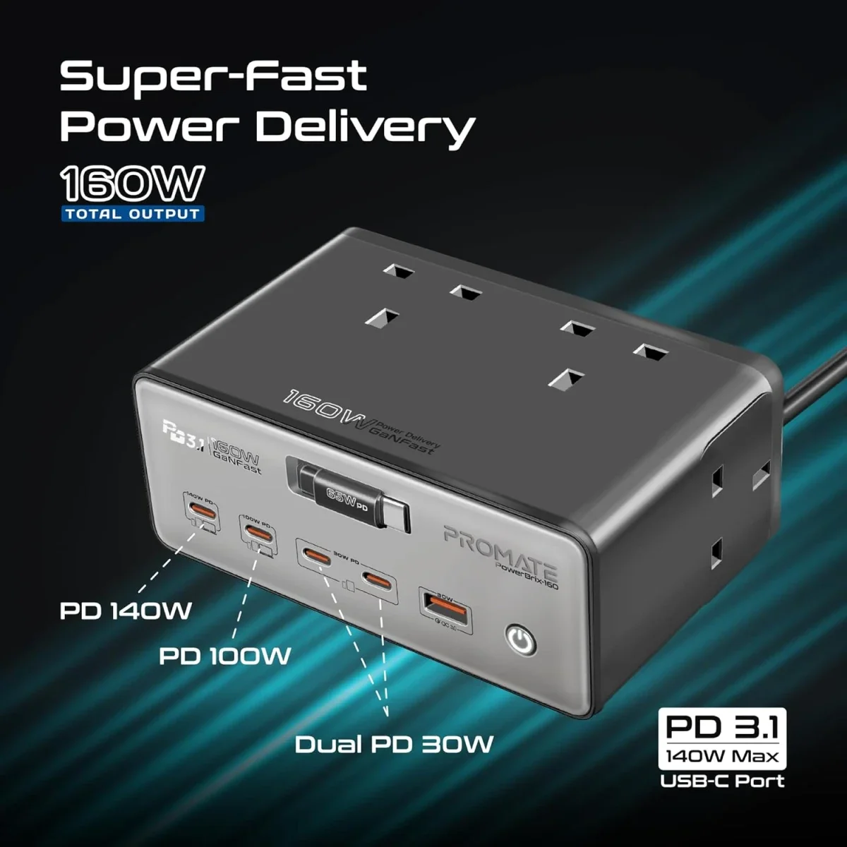 محطة شحن Promate PowerBrix-160 GaNFast بقدرة 160 واط مع 4 مقابس AC وكابل USB-C قابل للسحب - رمادي - Thumbnail 5