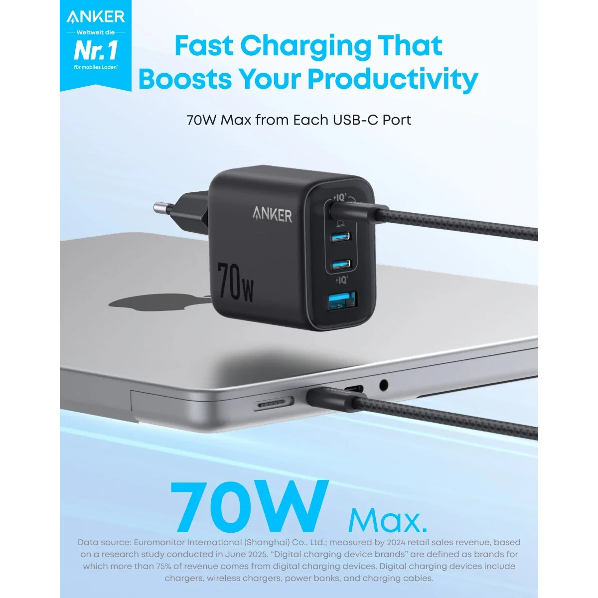 شاحن حائط Anker Zolo بقدرة 70 واط و4 منافذ USB-C PD مع USB-A - أسود - Thumbnail 2
