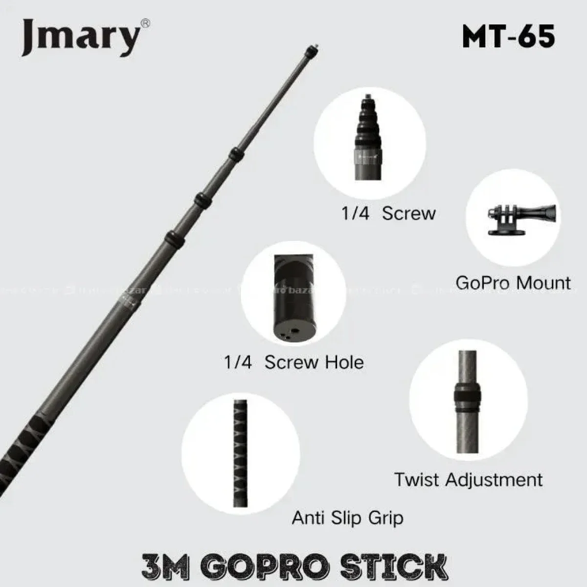 Jmary MT-65 Carbon Fiber Invisible Extension Pole for Action Cameras, 3 Meter, Black - Thumbnail 4
