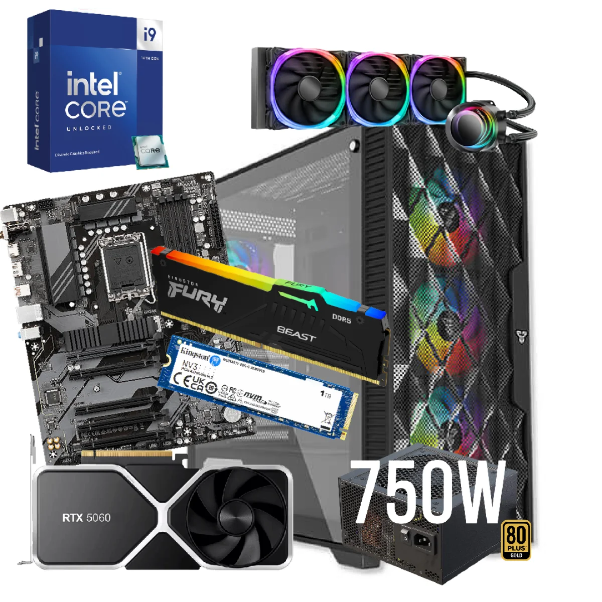 كمبيوتر ألعاب مكتبي GTS 30+ بمعالج Intel Core i9-14900KF وكرت RTX 5060 وذاكرة 32GB وSSD 1TB