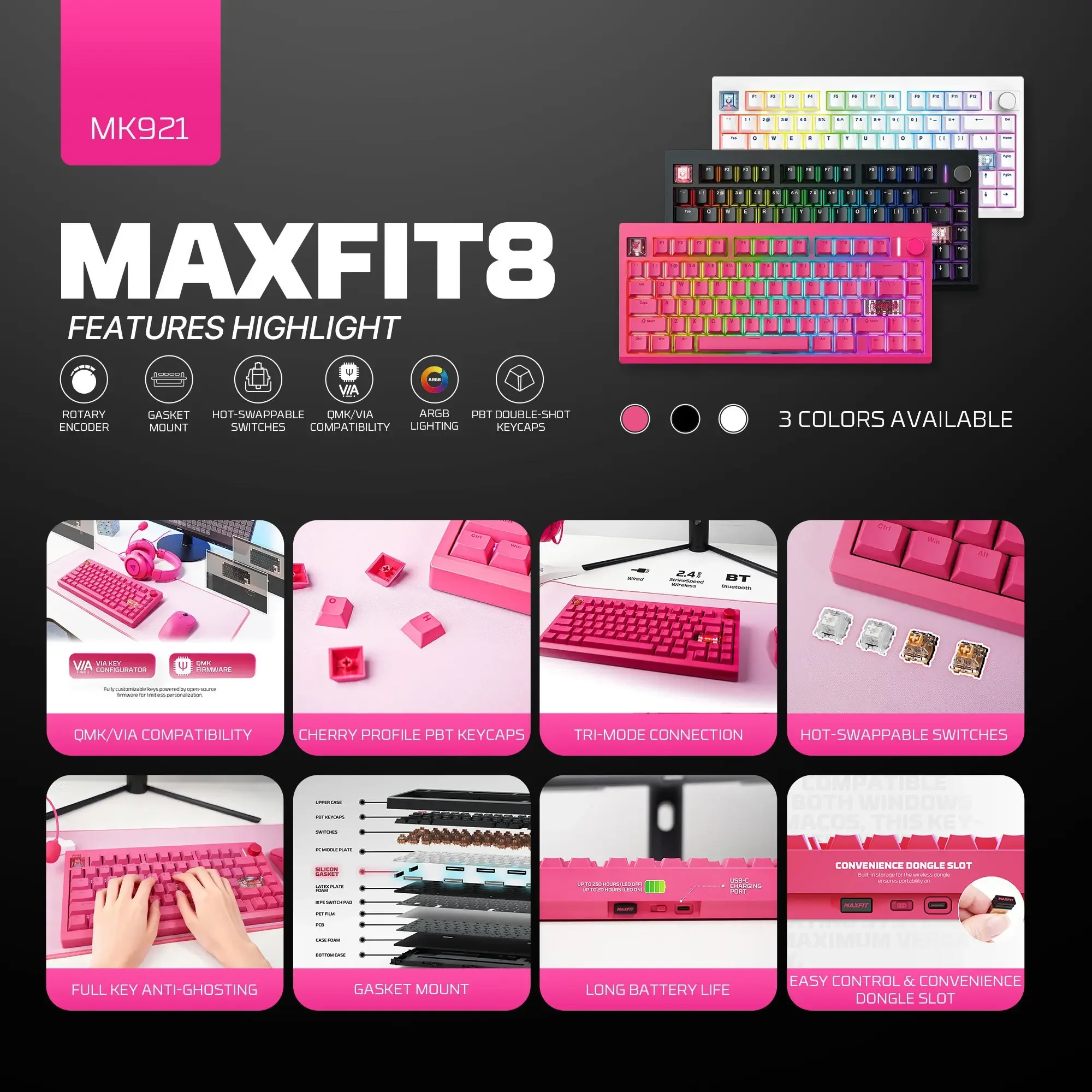 كيبورد ألعاب ميكانيكل Fantech MK921 MAXFIT8 QMK لاسلكي وردي باتصال ثلاثي الأوضاع - Thumbnail 5