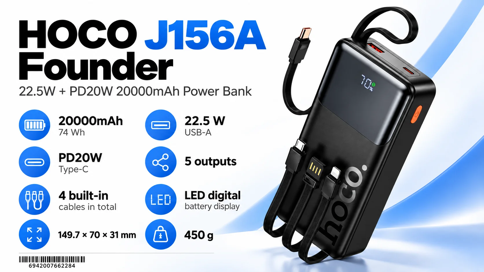 باور بانك HOCO J156A Founder سعة 20000mAh بشحن 22.5W + PD20W وكوابل مدمجة، أسود - Image 8