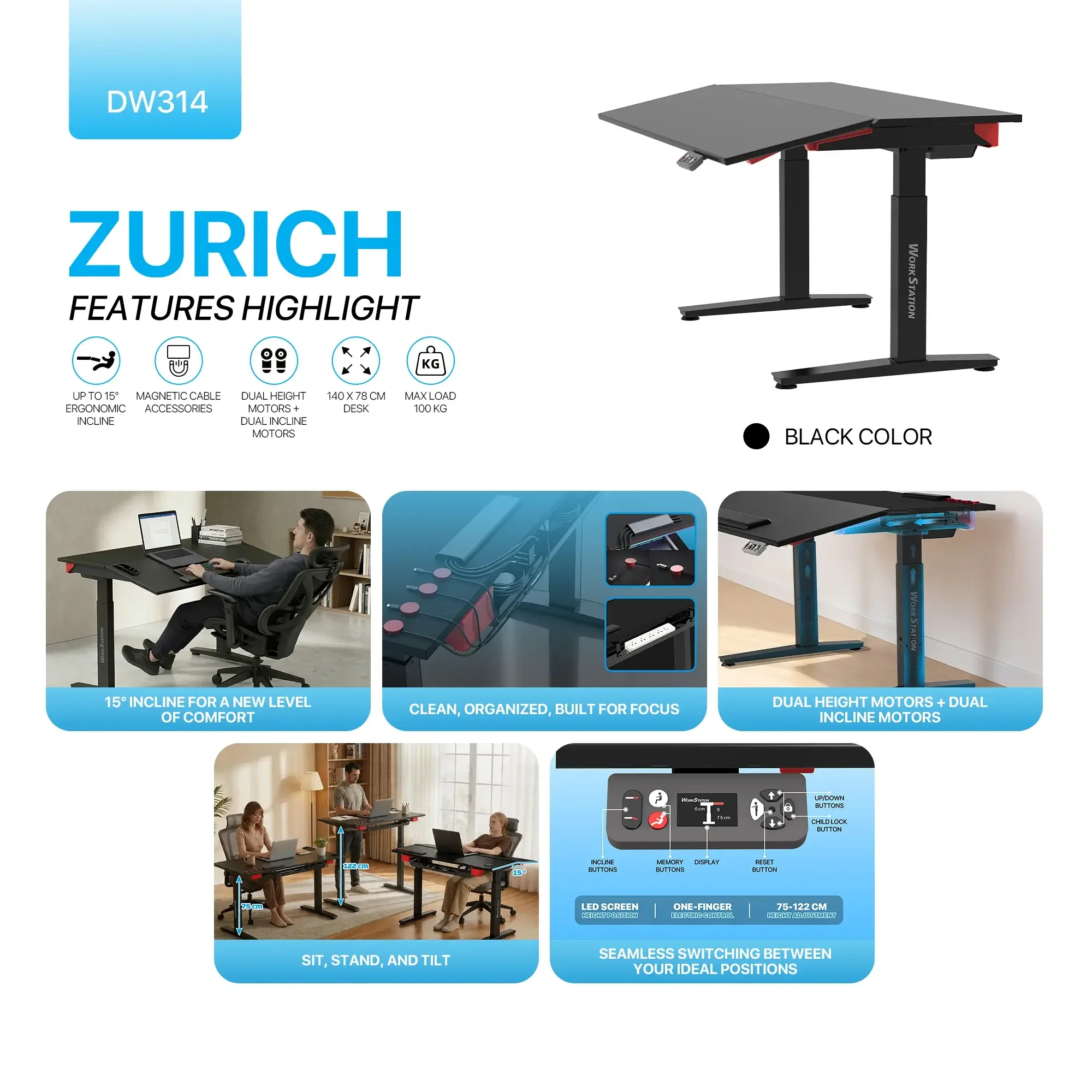Fantech DW314 Workstation Zurich Electric Sit-Stand Tilt Height Adjustable Magnetic Gaming Desk - Image 11