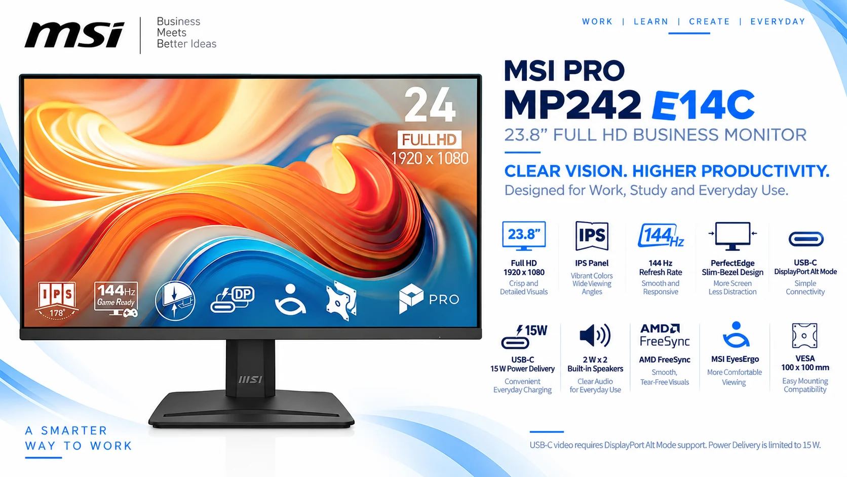 MSI 24-inch IPS Full HD Monitor, 144Hz, 1ms, FreeSync, HDMI, USB-C 15W PD, VESA, Tilt, Speakers, 4-Side Slim Bezel, Black – PRO MP242 E14C - Image 10