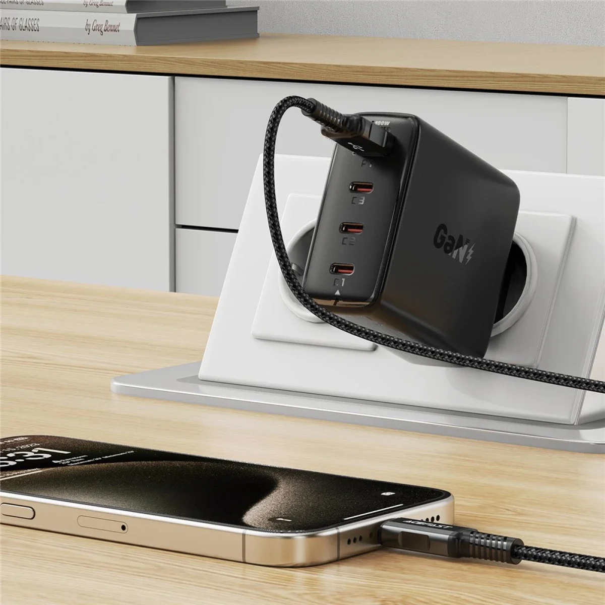 شاحن جداري ACEFAST A94 بقوة 100 واط GaN وPD مع 3 منافذ USB-C ومنفذ USB-A، قابس أوروبي، أسود - Thumbnail 5