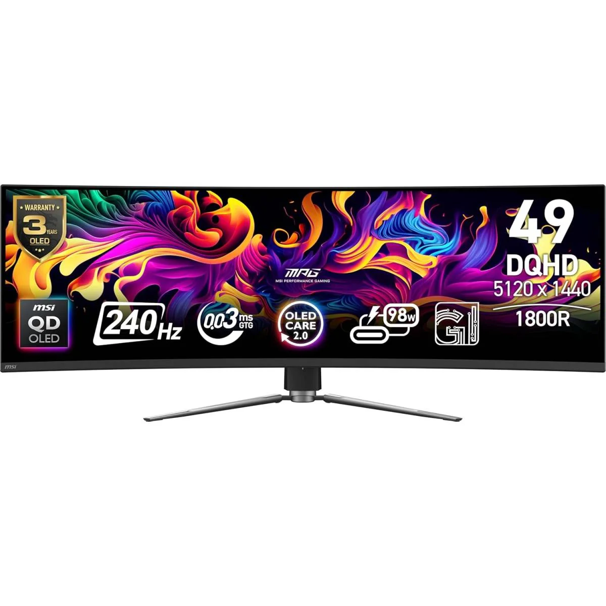 MSI MPG 491CQPX 49-inch Curved Ultrawide QD-OLED Gaming Monitor, 5K DQHD 5120×1440, 240Hz, 0.03ms, HDR True Black 400, FreeSync Premium Pro, G-SYNC Compatible, USB-C 98W PD