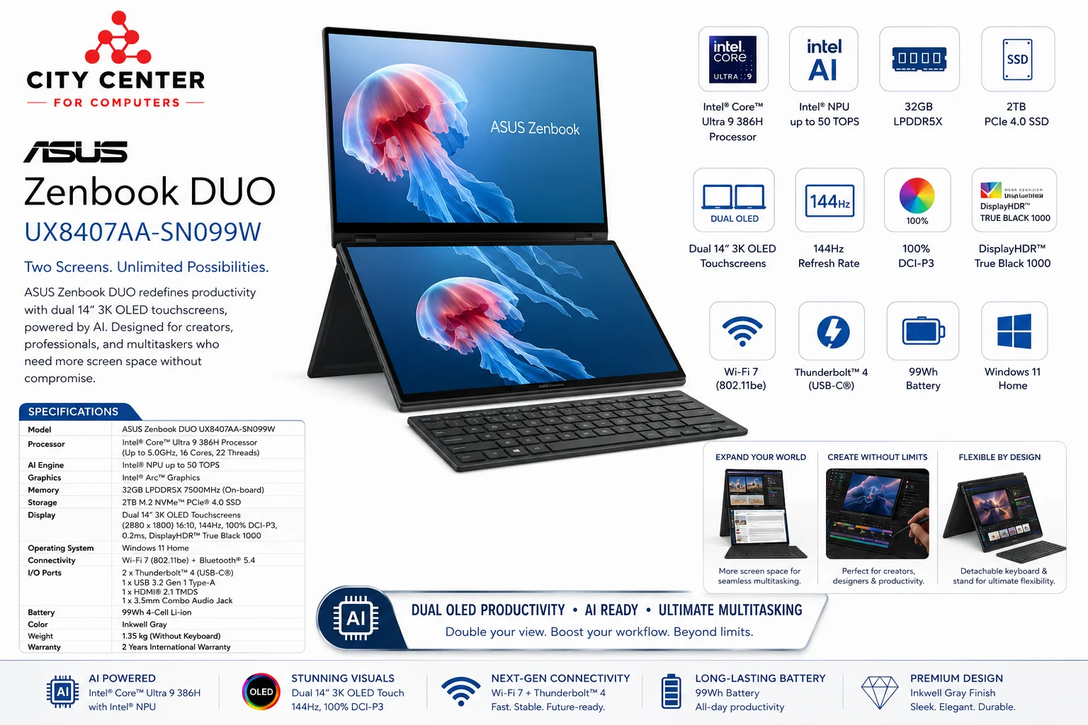 لابتوب Asus Zenbook DUO UX8407AA-SN099W بشاشتين 14.0 إنش 3K OLED تعمل باللمس 144Hz مع Intel Core Ultra 9 386H و32GB RAM و2TB SSD - Image 11