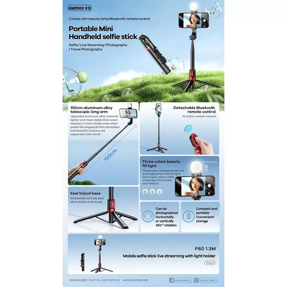 Remax P60 1.3m Phone Selfie Stick Tripod with LED Ring Light - Thumbnail 3