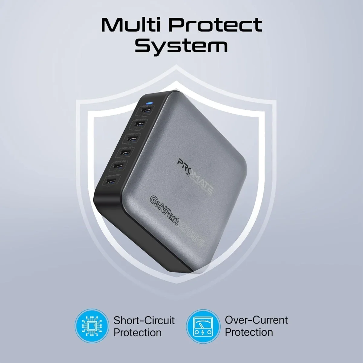 محطة شحن مكتبية Promate PowerBase-GaN285 بتقنية GaN بقدرة 285 واط و6 منافذ USB-C - أسود - Thumbnail 5