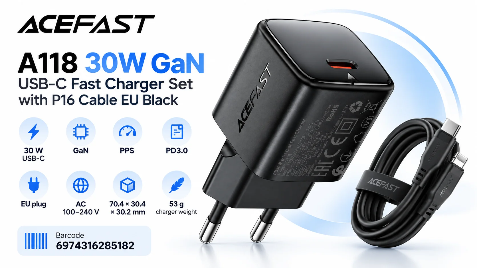 ACEFAST A118 30W GaN USB-C Fast Wall Charger Set with P16 Cable, EU Plug, Black - Image 8