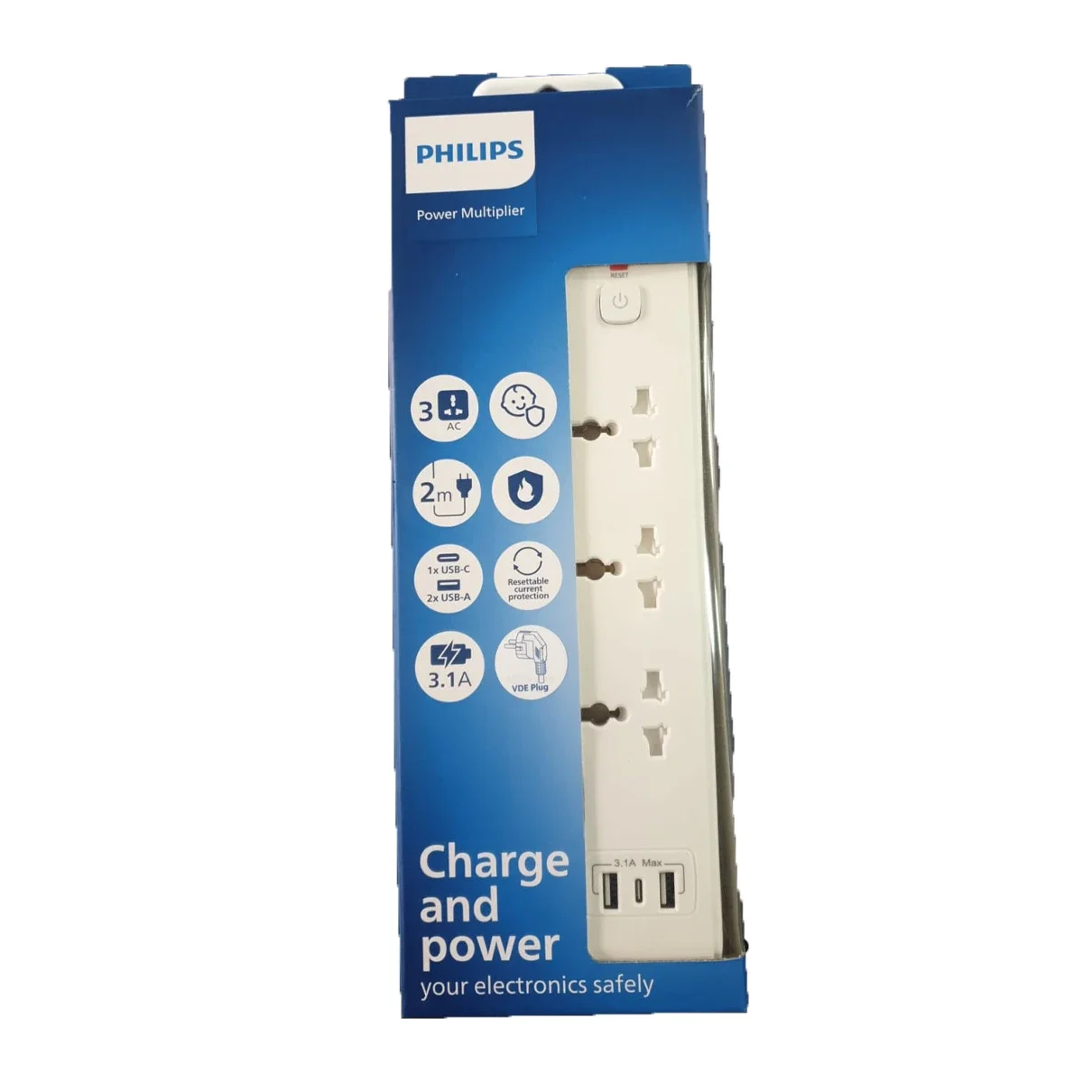 مشترك كهربائي Philips CHP4338WA بثلاثة مقابس وكابل 2 متر ومنفذ USB-C ومنفذين USB-A