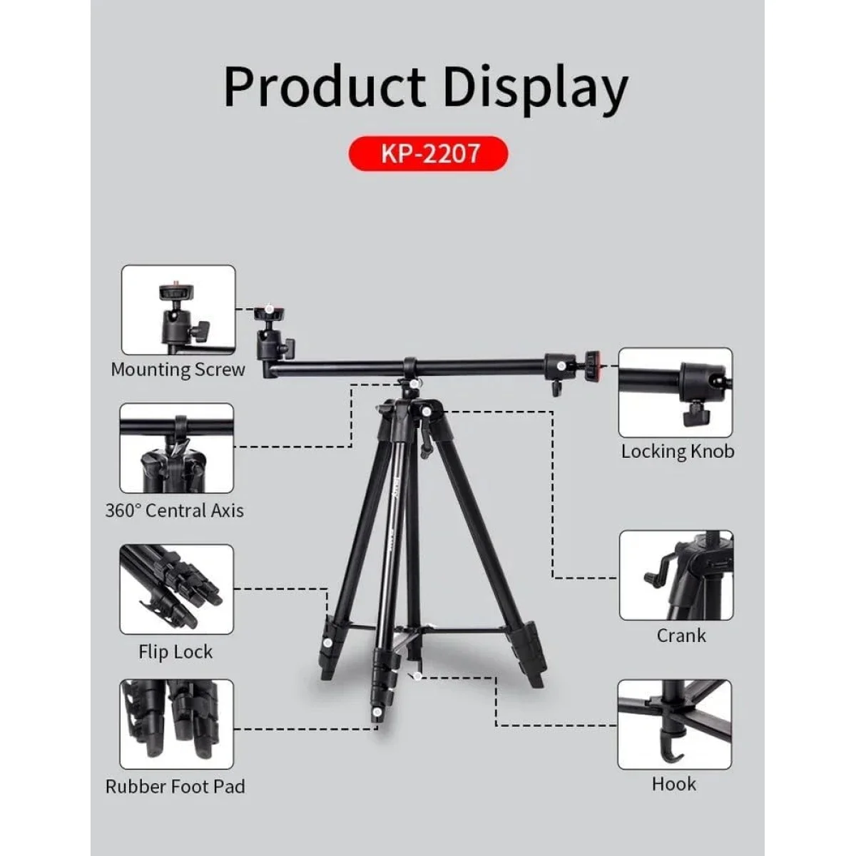 Jmary KP-2207 Professional Multi-Functional Tripod Stand with Camera & Phone Holder - Black - Image 2