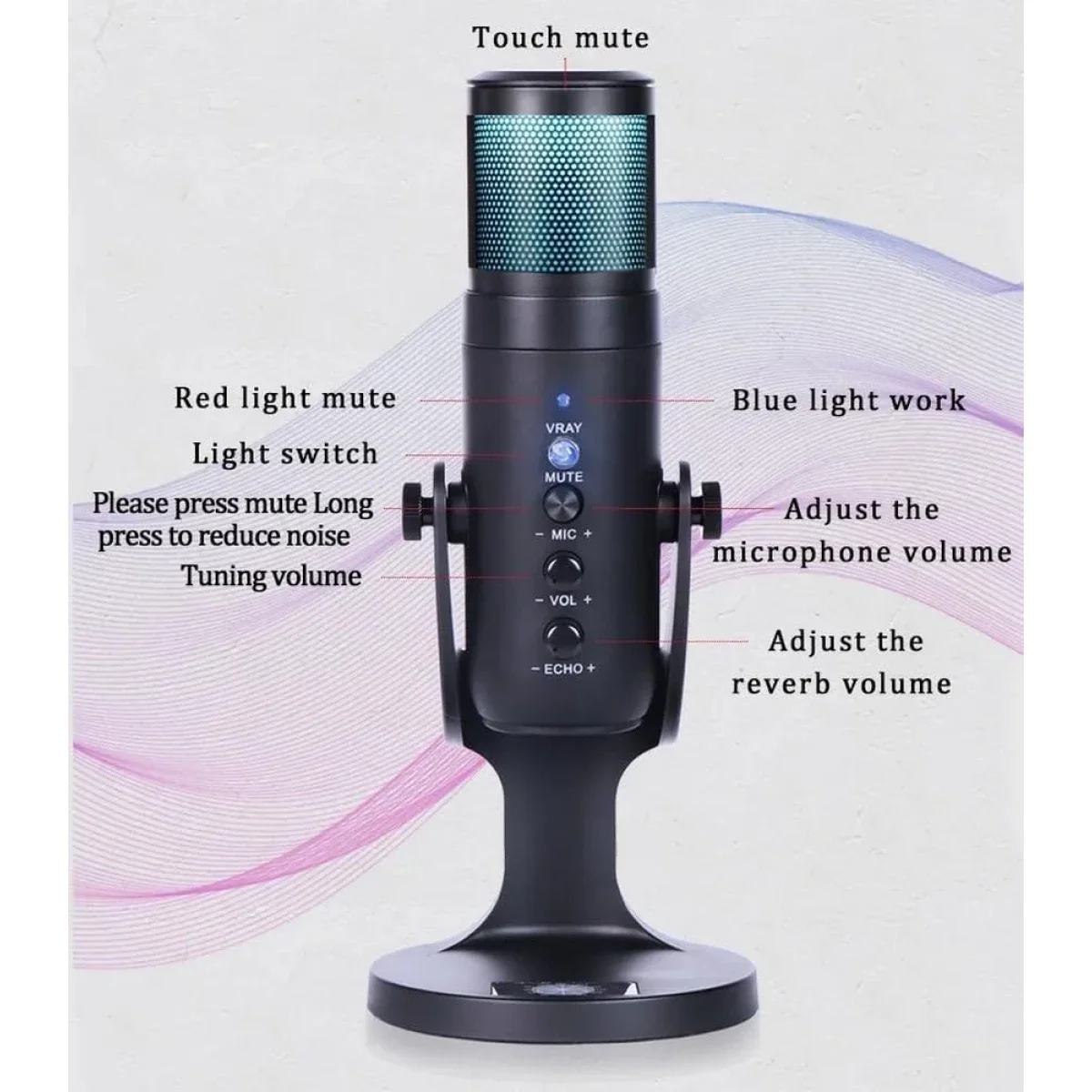 ميكروفون Jmary MC-PW9 USB سلكي RGB للتسجيل - أسود - Image 5