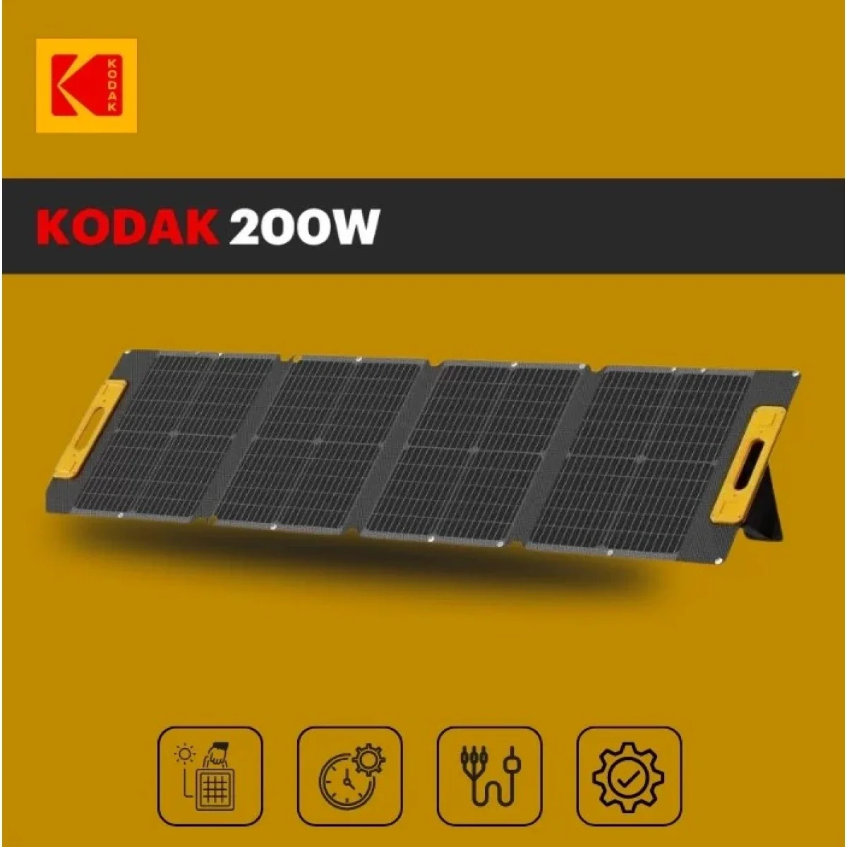 لوح طاقة شمسية محمول Kodak بقدرة 200 واط ومعدل تحويل 23% ومقاومة IP65 وموصلات MC4