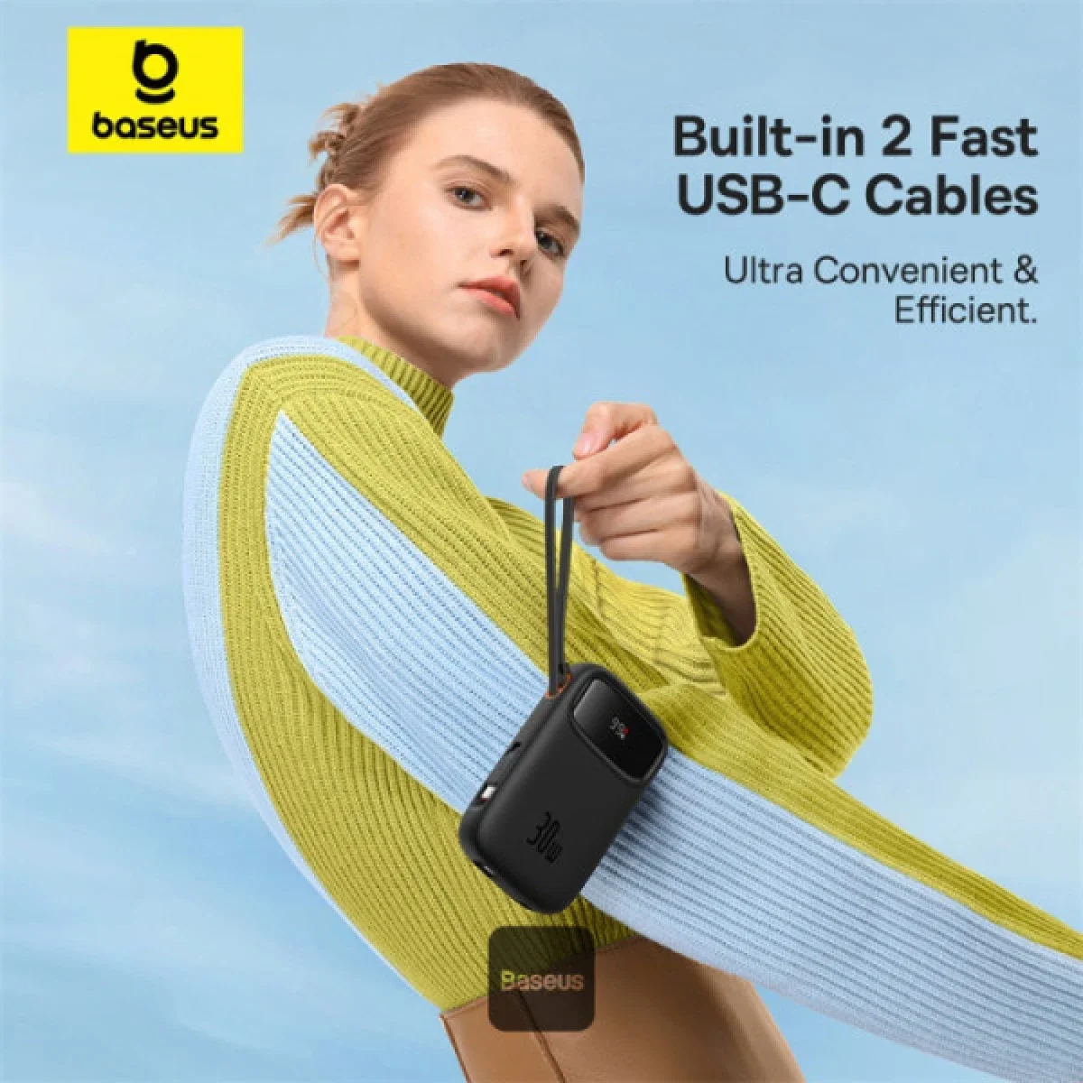 Baseus QPow2 10000mAh 30W Fast Charge Power Bank with Built-in Dual Type-C Cables - Black - Thumbnail 3