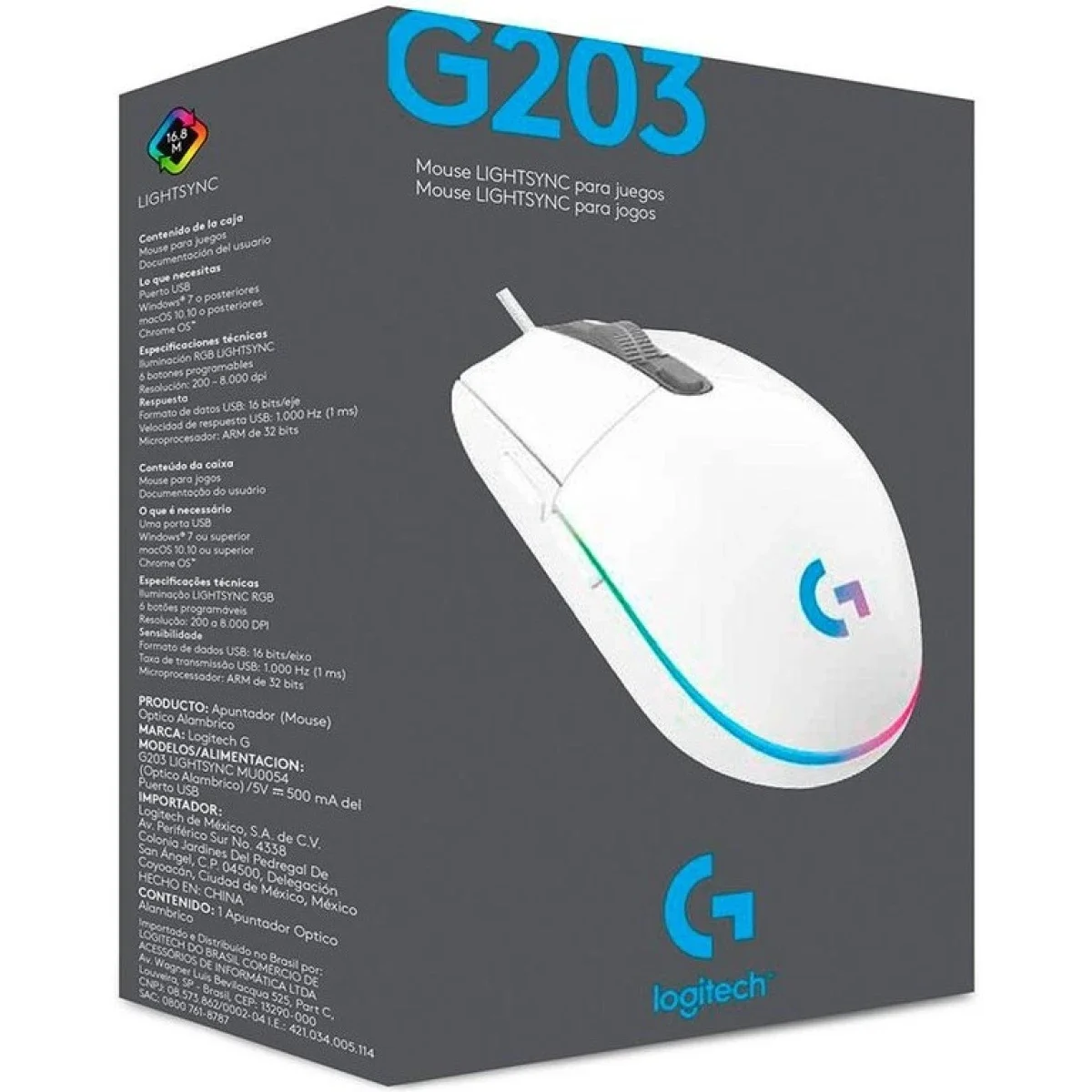 Logitech G203 Wired Gaming Mouse, 8,000 DPI, LIGHTSYNC RGB, White