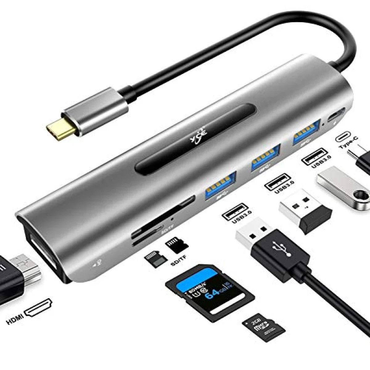 موزع USB CHINA Type-C 6 في 1 مع PD و3 منافذ USB 3.0 وقارئ SD وmicroSD