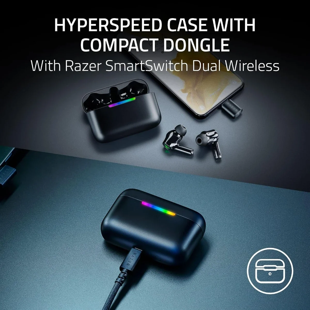 Razer Hammerhead V3 HyperSpeed Wireless ANC Gaming Earbuds, 2.4GHz & Bluetooth 6.0, Up to 40 Hr Battery, THX Spatial Audio, for Smartphones, PC, Laptop, Tablet, PS5 & Steam Deck – Black - Thumbnail 4