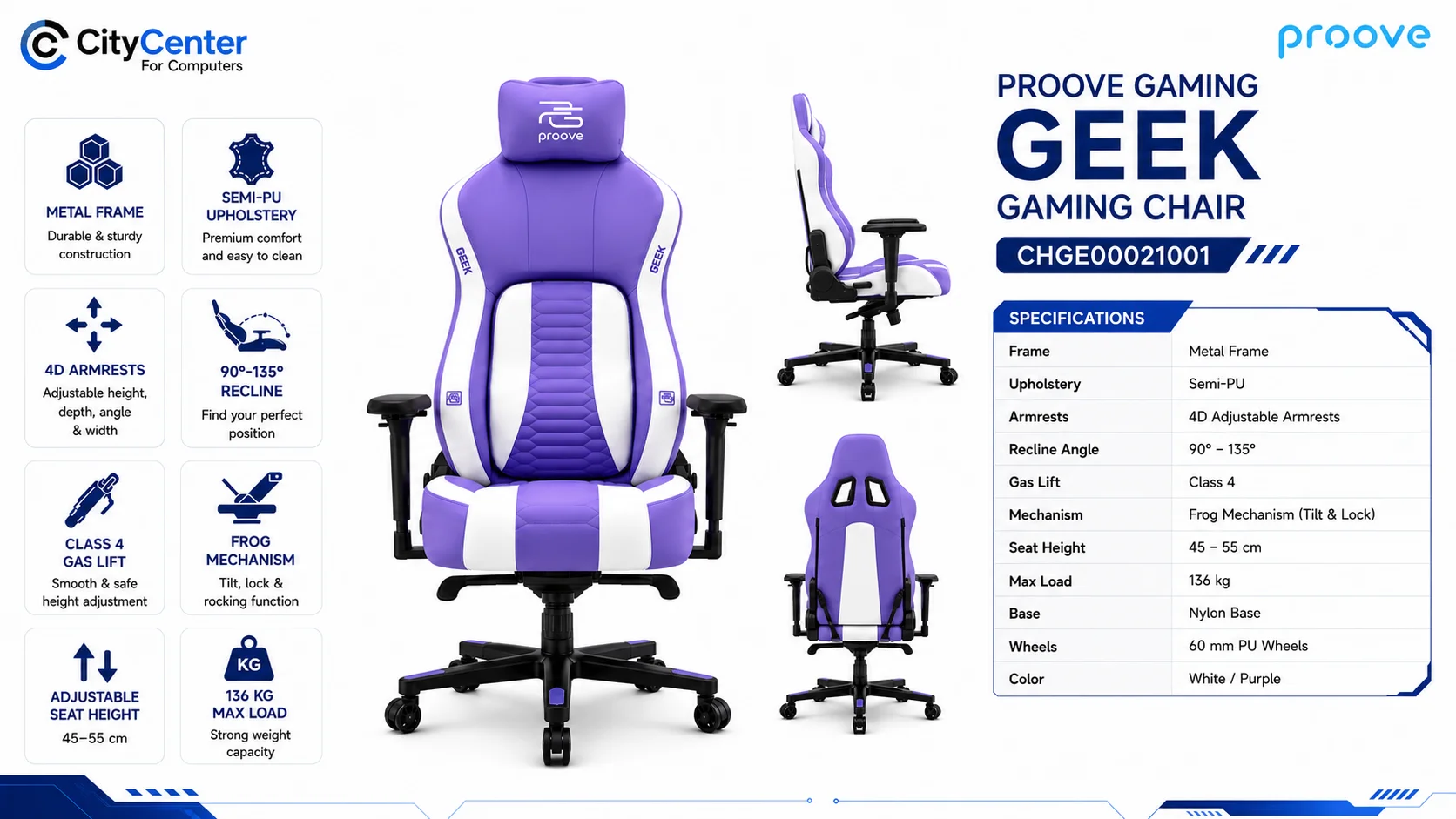 Proove Gaming Geek Gaming Chair White/Purple with 4D Armrests and Class 4 Gas Lift - Thumbnail 4