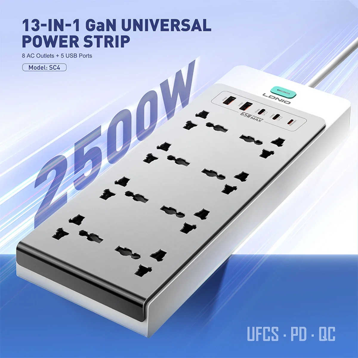 LDNIO SC4 13-in-1 65W GaN PD Power Strip with 8 AC Outlets, 2m Cable - Image 2