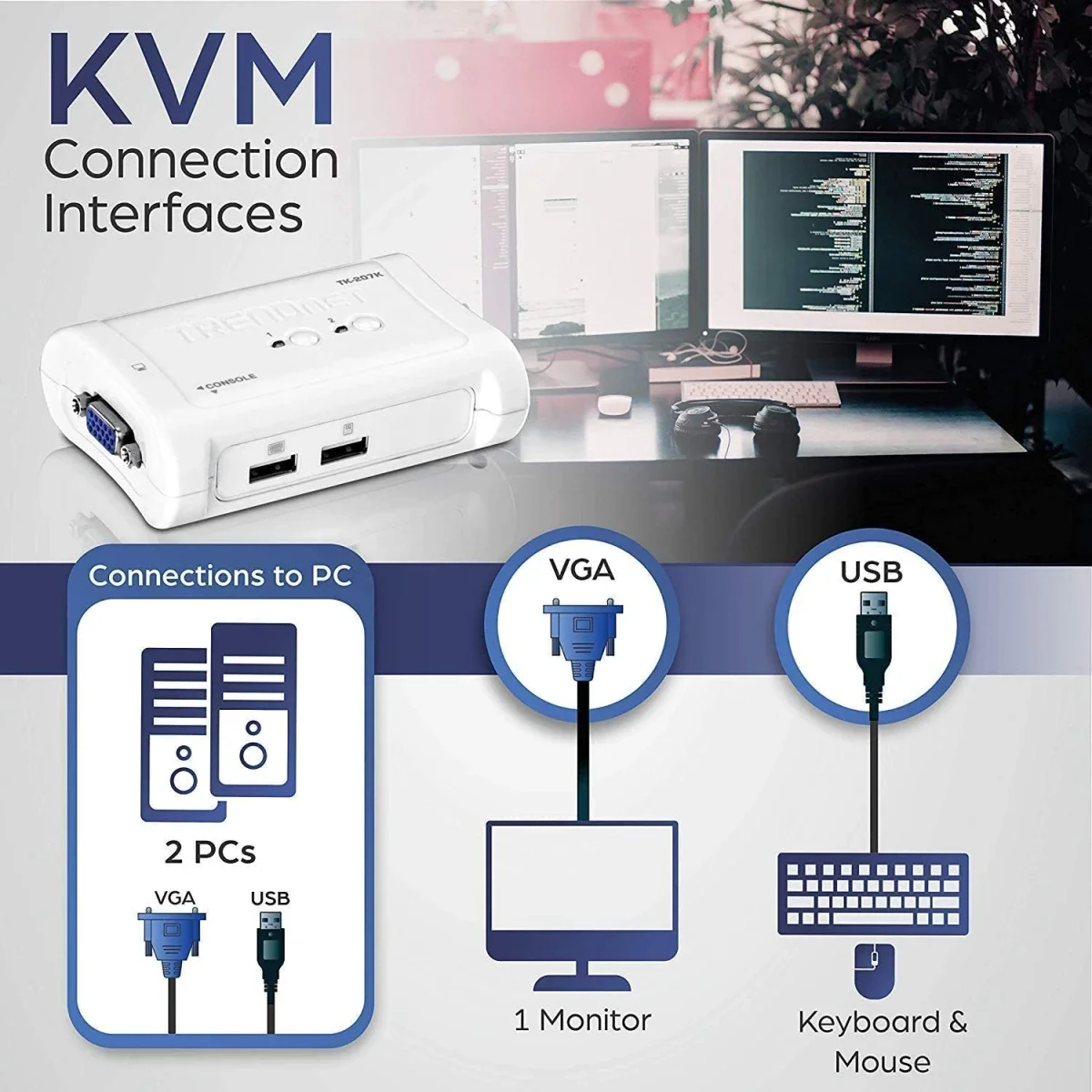 سويتش KVM USB بـ 2 منفذ TRENDnet TK-207K مع طقم كابلات - Image 2