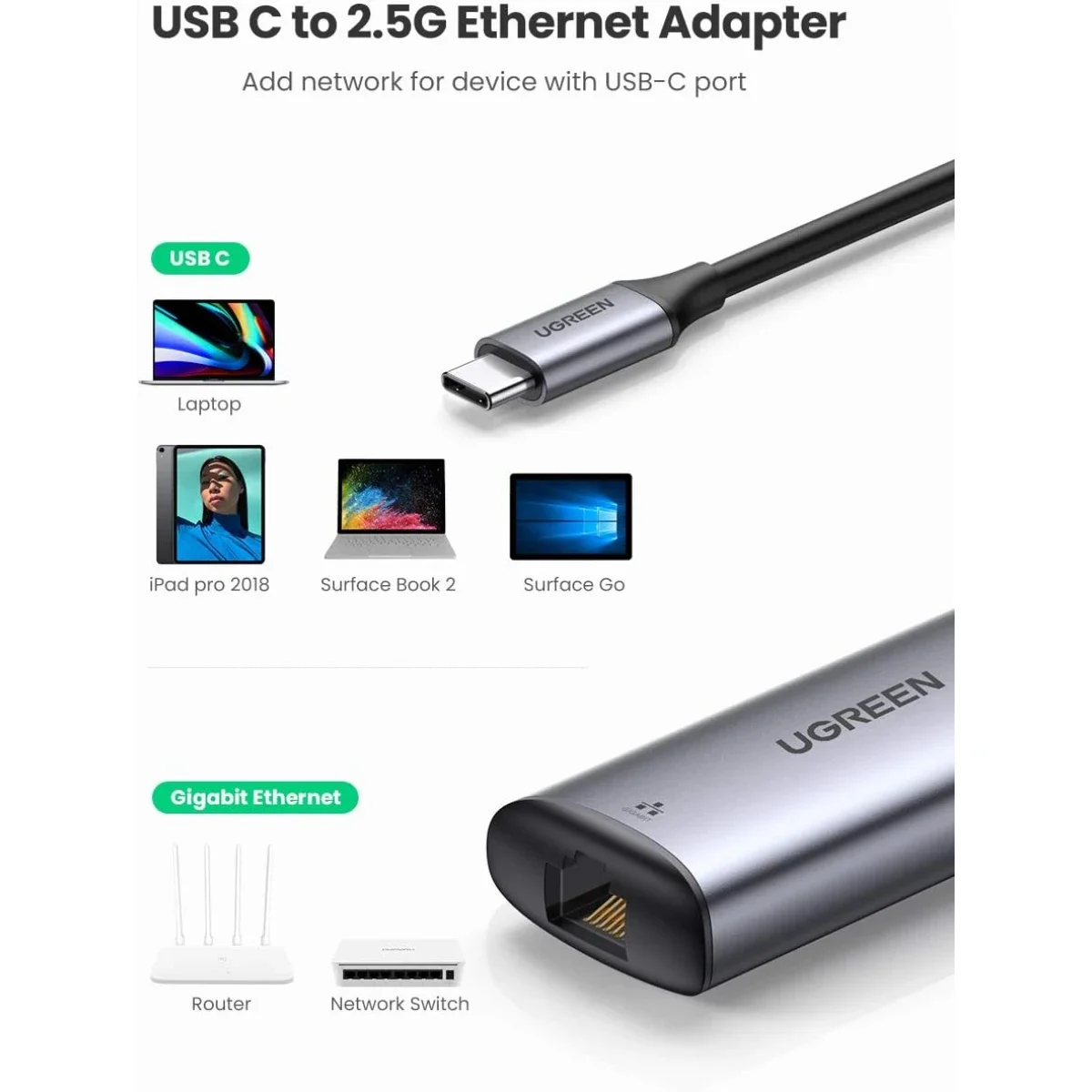 محول شبكة Ugreen USB-C إلى إيثرنت 2.5G جيجابت - Thumbnail 4