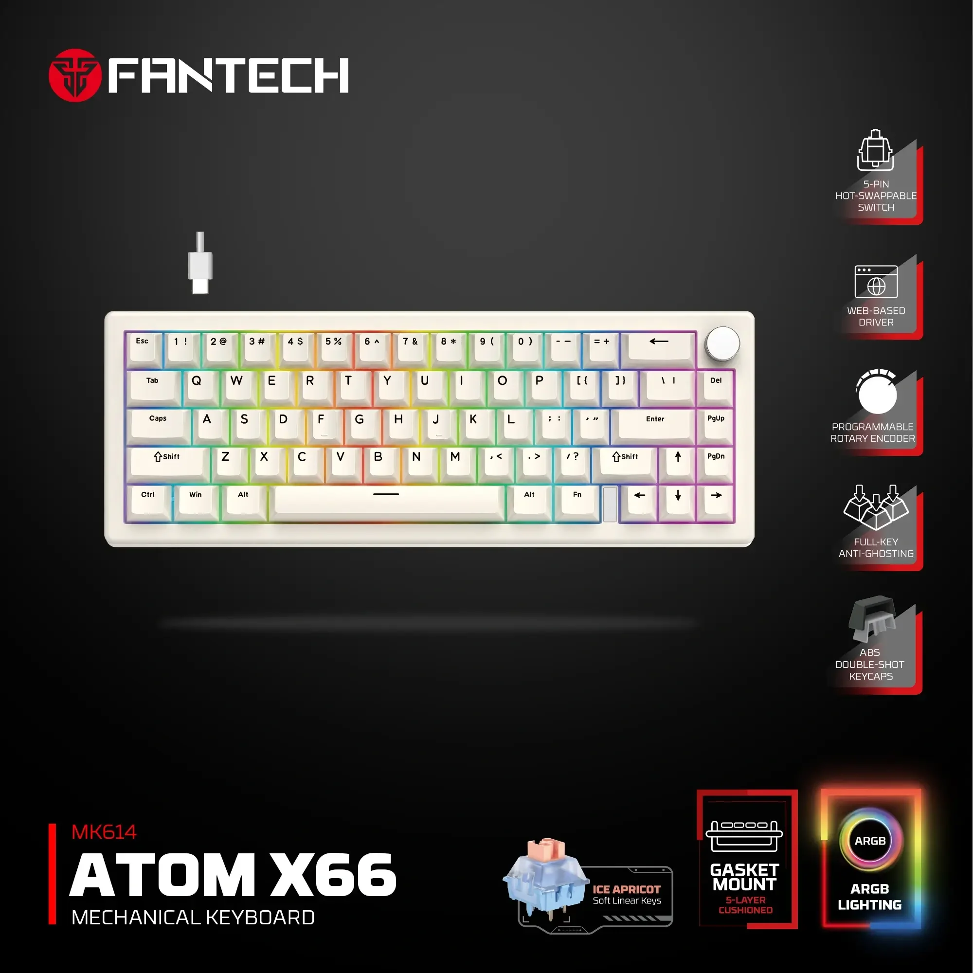 كيبورد ألعاب ميكانيكي Fantech MK614 ATOM X66 باللون الرمادي - Thumbnail 3