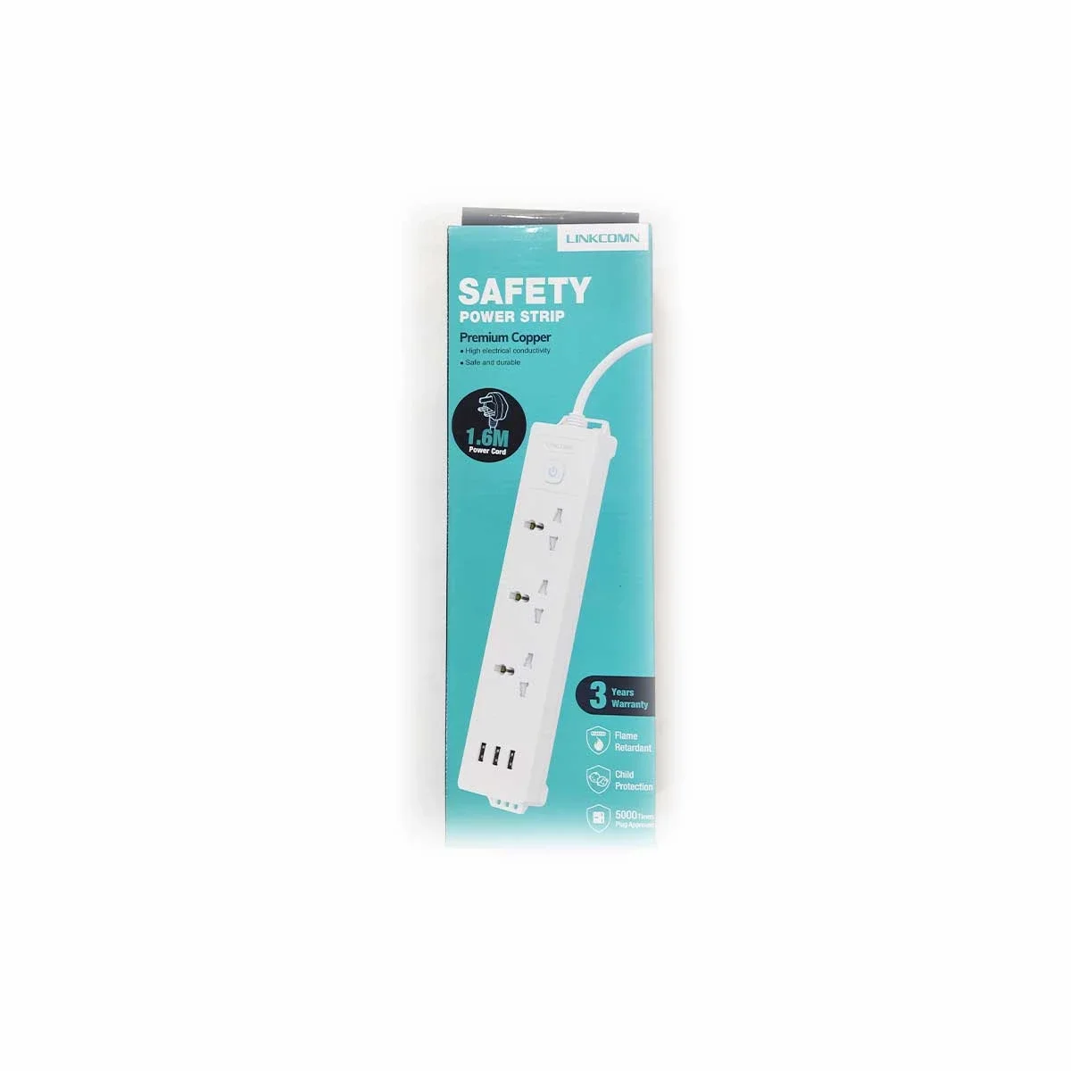 LINKCOMN LC-PS303 UK Power Strip with 3 Sockets, 3 USB Ports and 1.6m Cable