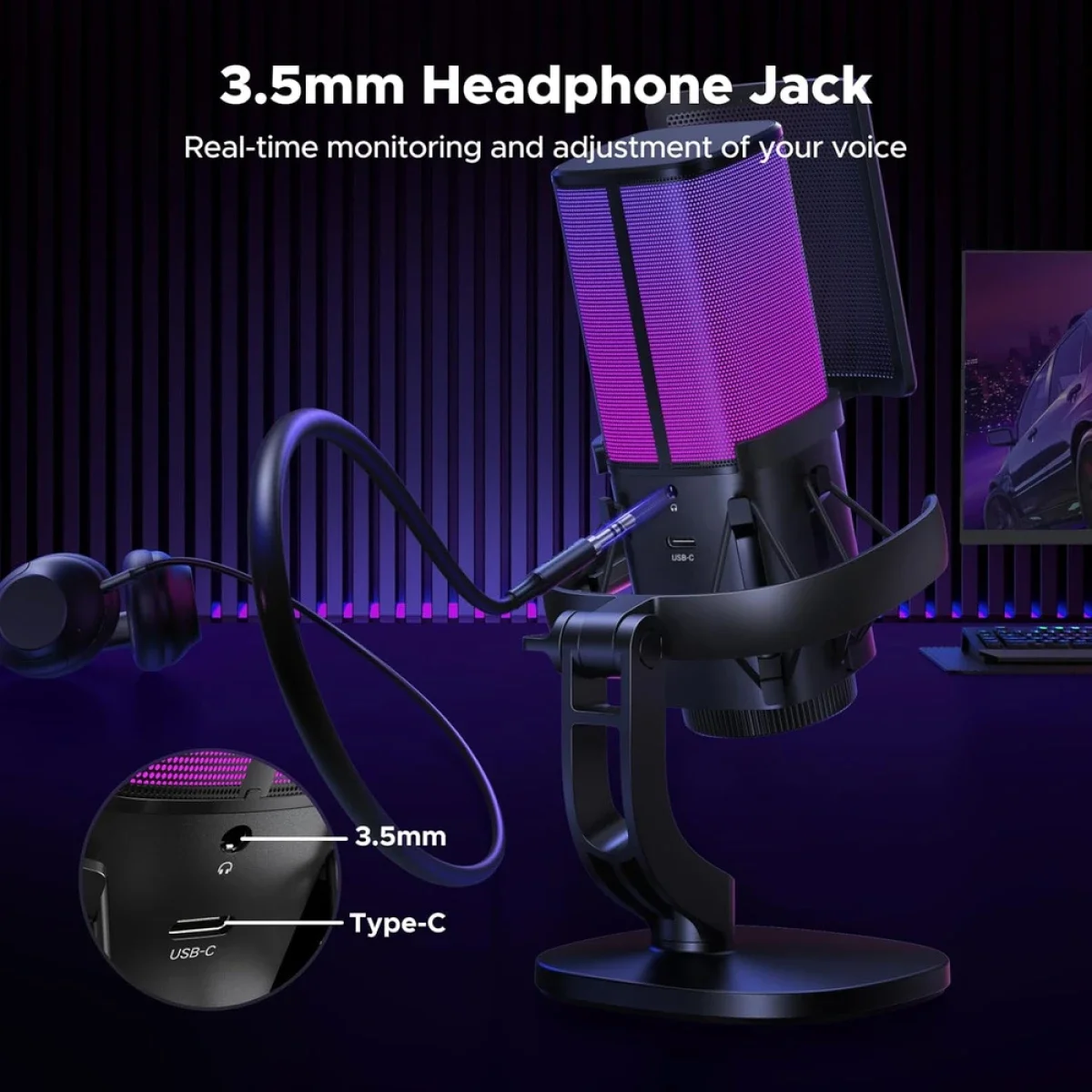 Ugreen CM581 USB Desktop Condenser Microphone, 96 kHz/24-bit, ANS Noise Reduction & 7 RGB Modes - Thumbnail 8