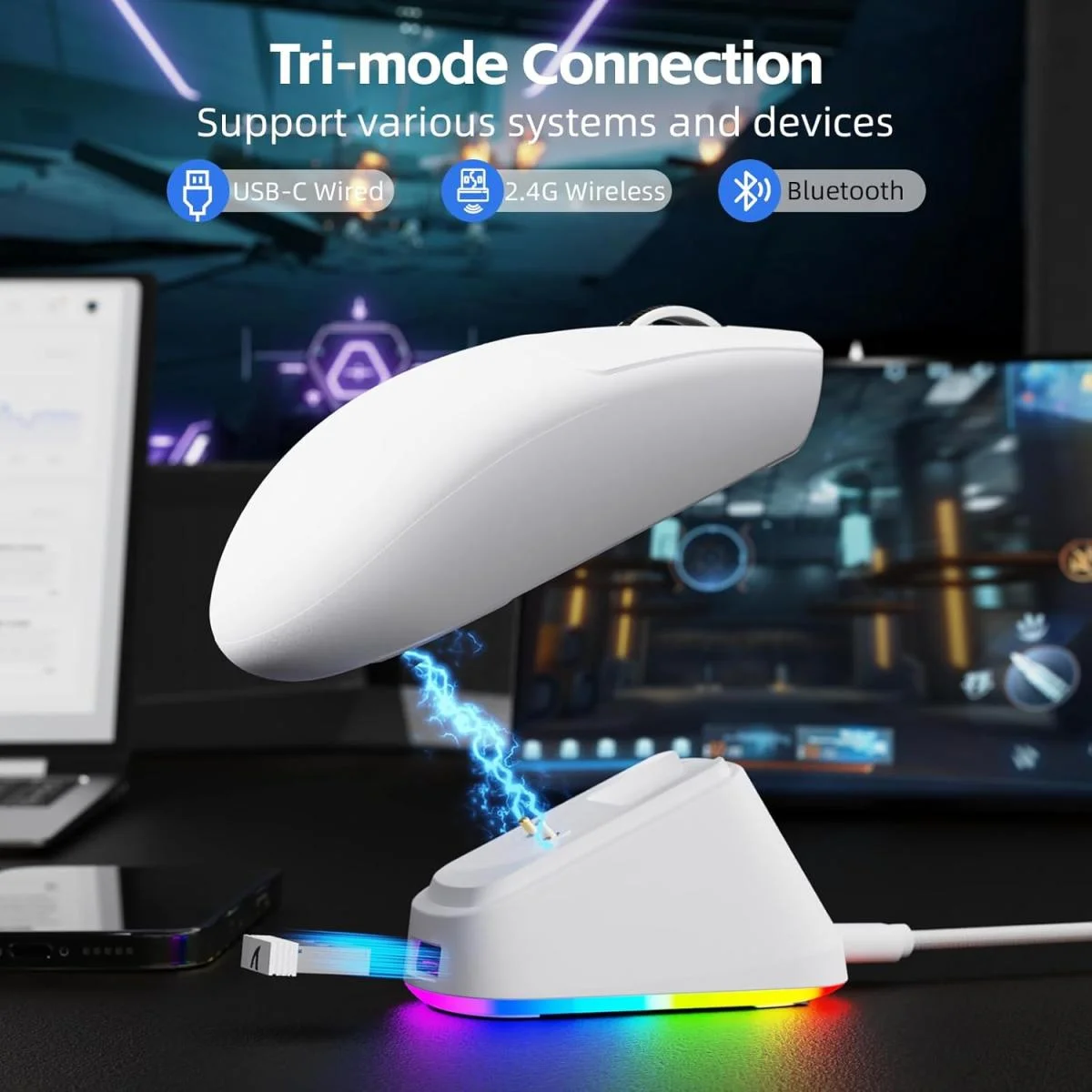 ماوس ألعاب لاسلكي ATTACK SHARK G3PRO مع قاعدة شحن RGB ودقة 25K DPI، أبيض - Image 2