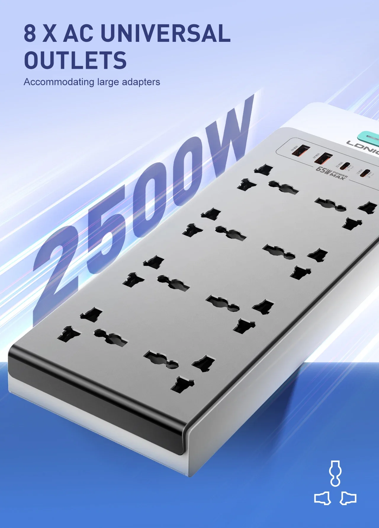 LDNIO SC4 13-in-1 65W GaN PD Power Strip with 8 AC Outlets, 2m Cable - Image 8