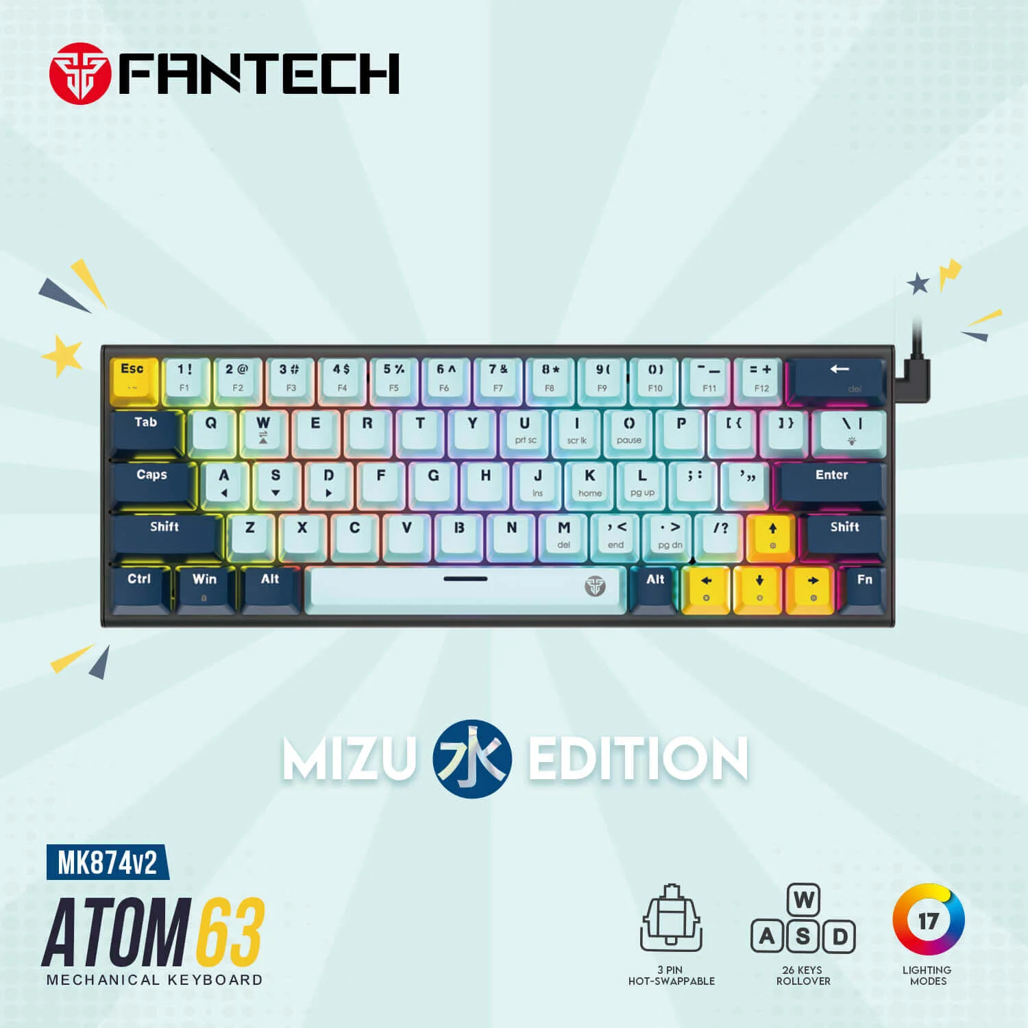 كيبورد ألعاب ميكانيكي Fantech ATOM63 MK874V2 - Mizu Series Sky Blue - Thumbnail 2