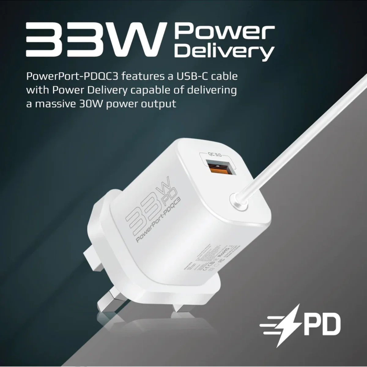 شاحن حائط Promate PowerPort-PDQC3 USB-C بقوة 33 واط مع QC 3.0 بقوة 22.5 واط وكابل Type-C بطول 1.5 متر - أبيض - Thumbnail 3
